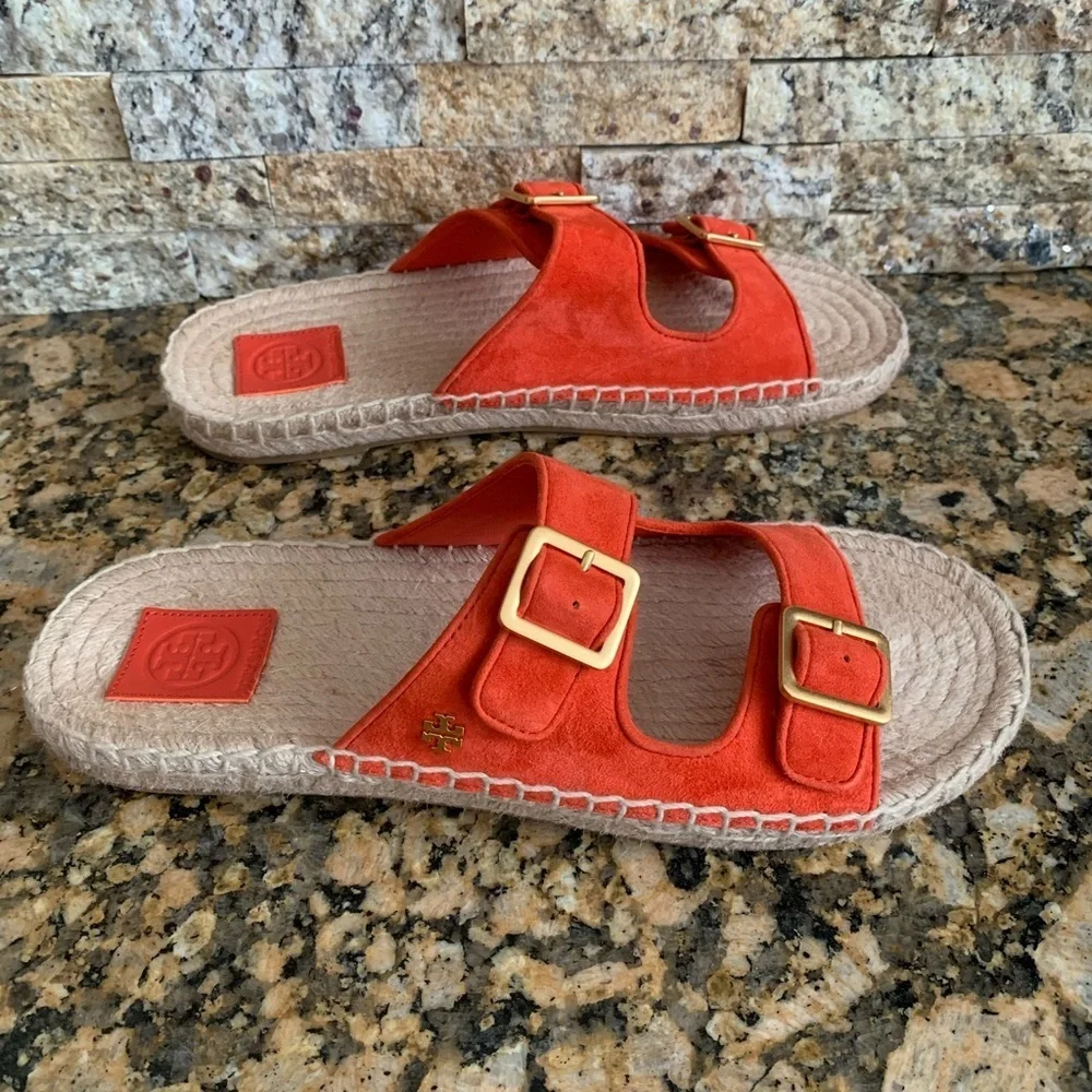 Tory Burch- Selby two Band Espadrille Slides, in “Bright Samba”